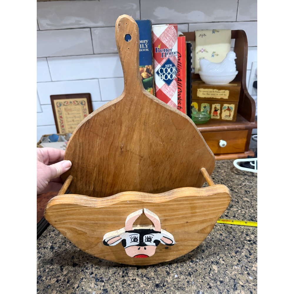 Vintage Handmade Wooden Cow‎ Mail plate holder Wall Hanging Farmhouse Folk Art